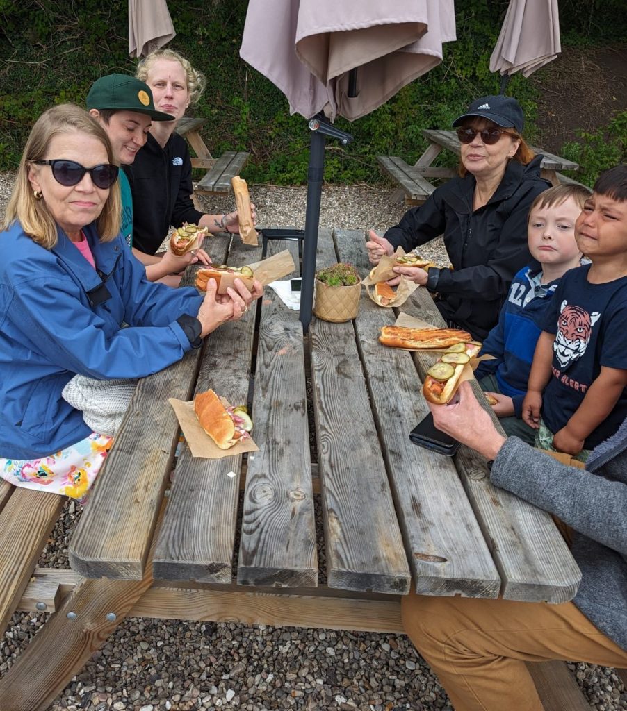 Familie beim Hotdog essen auf Skovmose Strand